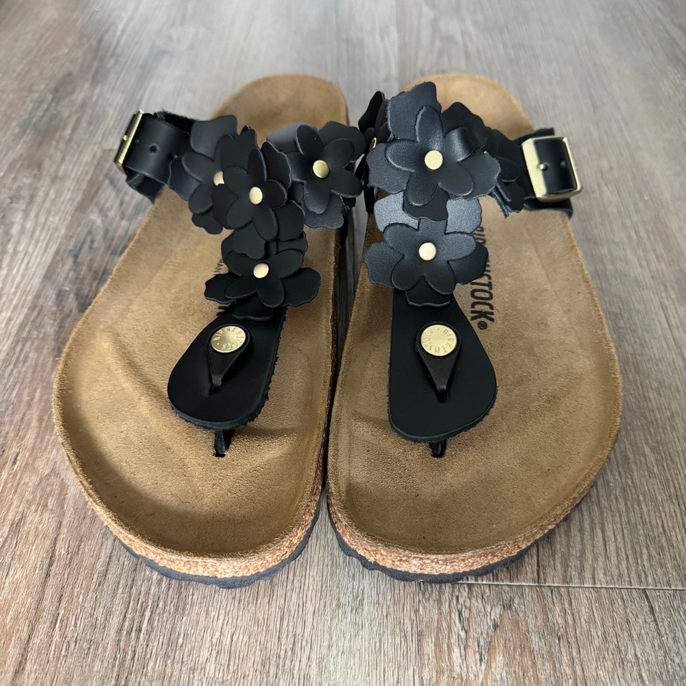 Birkenstock Gizeh Black Floral Leather Thong Sandals Womens 41 W10 M8 Germany - Picture 3 of 12